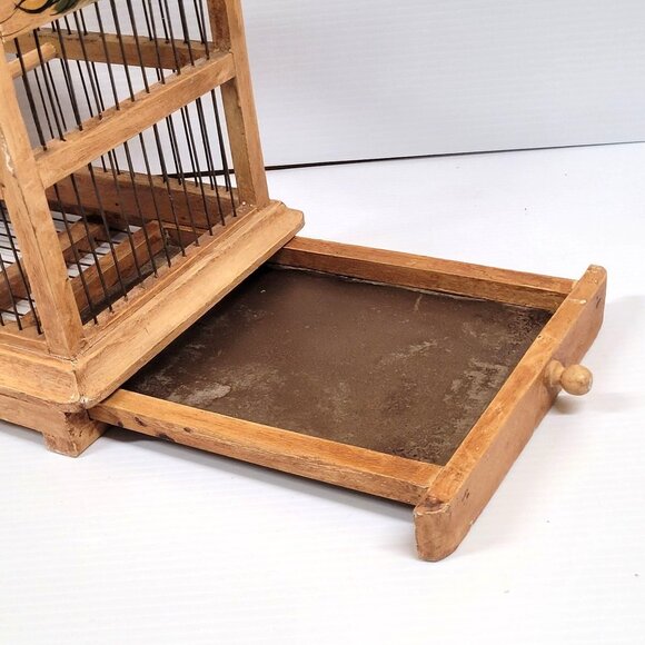 Wood Bird Cage Folk Victorian Tole Painted Flowers Wood Metal Tray Bottom - Picture 11 of 14